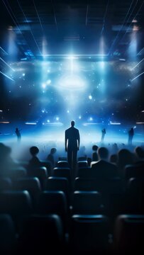 Scifi scene of a futuristic movie theater, with rows of seats facing a massive holographic display. The Holofilm Director stands at the front, introducing their latest masterpiece to a captivated