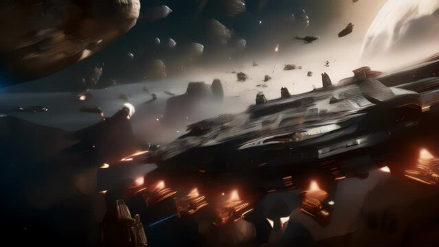 Scifi scene depicting a massive space battle, with ships of all shapes and sizes engaged in combat as astroengineers work tirelessly in the background to keep their ships operational.