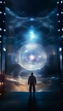 Scifi scene of a Quantum Cryptographer emerging from a portal into a parallel universe, where they use advanced quantum technology to protect sensitive information from malicious entities.