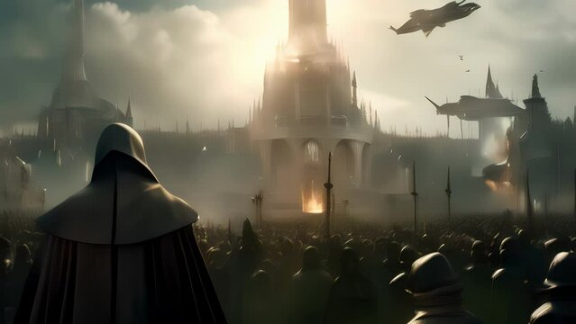 Scifi scene depicting a future where religion is outlawed and science reigns supreme. Those who still hold onto their beliefs are seen as rebels, fighting against a totalitarian government.