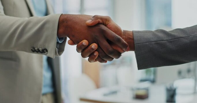 Business, closeup and staff with handshake, support and agreement with goals, teamwork and thank you. Zoom, cooperation or coworkers shaking hands, partnership and deal with promotion and opportunity