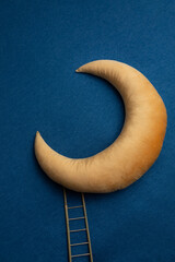 moon decor with stars on a blue background for a newborn baby photo shoot. template for newborn photo. layout for photo. pink moon