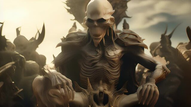 Scifi scene of an Alien Warlord on a distant planet, surrounded by a group of alien species. The Warlord sits upon a throne made of the bones of its enemies, its features twisted into a