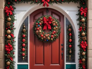 Fototapeta na wymiar A Red Door With A Wreath And Christmas Decorations