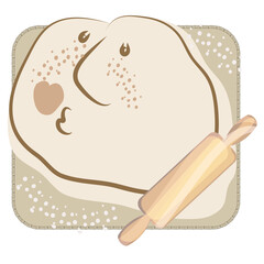 Roll out the dough. Knead the dough. A character from the test. Cook from flour and make dough. Knead with a rolling pin. Homemade food and cooking pies and pizza. Rolling pin, board, flour.