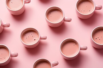 Pattern of cups of cappuccino in pink cups on pink background