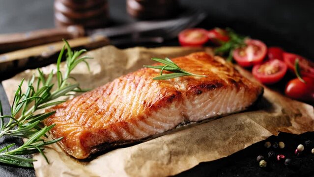 Salmon or trout fillet grilled or roasted or baked in the oven. Healthy seafood, cooked red fish, stock video 4k footage.
