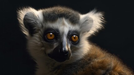 Ring-tailed lemur (Lemur catta) on a black background. Wildlife concept with a copy space.