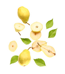 Flying fresh pears and leaves on white background