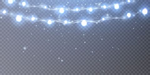 Christmas lights isolated on transparent background. Christmas glowing garlands with sparks. For congratulations, invitations and advertising design. Vect