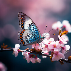 Obraz premium Fondo con detalle y textura de mariposa de tonos azules posada sobre flores de cerezo