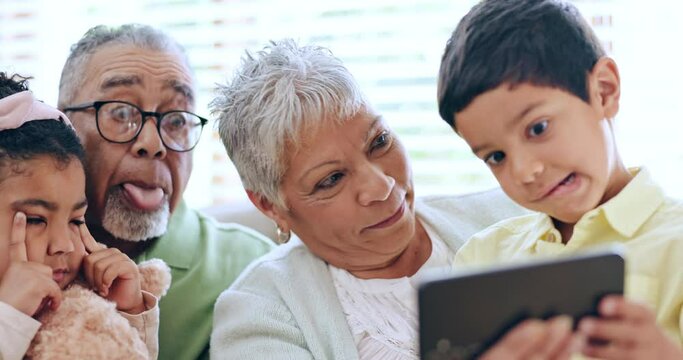 Children, smartphone and grandparents on sofa to connect, cartoon streaming and funny joke or silly social media post. Family, cellphone or relax in living room, bond or technology in online meme