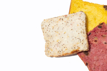 Whole grain bread slices on white background.