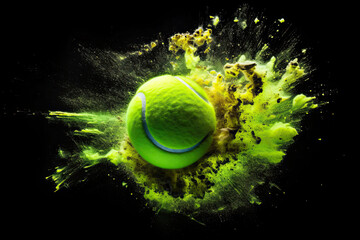 Tennis Ball in Green Powder Splash on Black Background