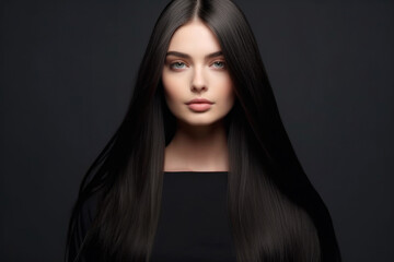 Fototapeta premium Portrait of Beautiful Brunette Woman with Long Straight Hair. Copy Space