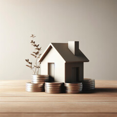 Minimalistic house with stack coins on wooden table. ai generative