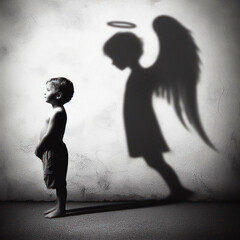 child with his shadow as an angel silhouette. ai generative