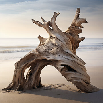 Fondo natural con detalle y textura de tronco de arbol antiguo, retorcido, sobre arena de playa y olas