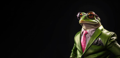 Cool looking frog wearing funky fashion dress - jacket, tie, glasses. Wide banner with space for text left side. Stylish animal posing as supermodel. Generative AI - obrazy, fototapety, plakaty