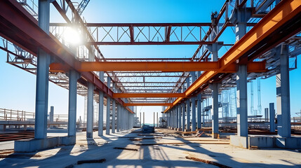 Fototapeta premium Construction of the steel building s pillars using a crane in a factory under the blue sky
