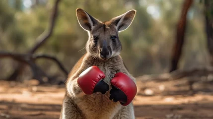  Kangaroo in the Australian Outback, with boxing gloves. Sport concept with a copy space. © John Martin