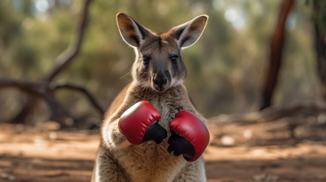 Kangaroo in the Australian Outback, with boxing gloves. Sport concept with a copy space.