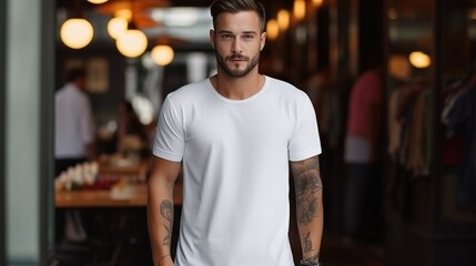 Fototapeta na wymiar Man Wearing White Tee Shirt Mockup Placement. Shirt Mockup Template. Male Wearing Casual Tee Shirt 