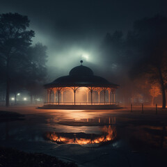 night in a round pavilion of a park surrounded by fog and low lighting from heavy cloud of fire and cyanotic rys at background - obrazy, fototapety, plakaty