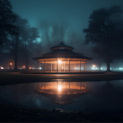 night in a round pavilion of a park surrounded by fog and low lighting from heavy cloud of fire and cyanotic rys at background