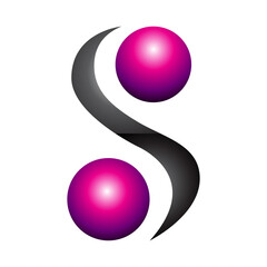 Magenta and Black Glossy Letter S Icon with Spheres