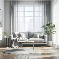 Stylish Scandinavian Elegant Living Room with Home Interior Design Sofa Furniture, Table, Plants, Brown wooden parquet. Abstract painting on the white wall. Nice apartment. Modern decor of bright room