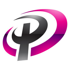 Magenta and Black Glossy Oval Shaped Letter P Icon