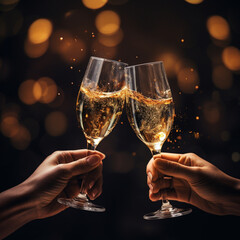Fondo con detalle y textura de las manos de dos personas brindando con  copas de cristal y champan