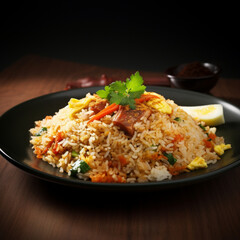 indonesia or singapore fried rice in plate, limbo background, studio color