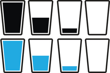 Water glass icons Set in blue and Black color. Milk or juice Cup symbol. Water glass vector sign. Water glass icons in trendy fill style isolated on transparent background. Drink vector for web,