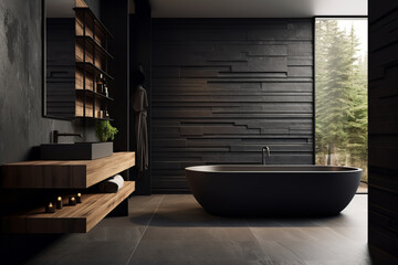 Bathroom, washroom Mockup, with Towel on fern with candles and black hot stone on wooden background. Hot stone massage setting lit by candles
