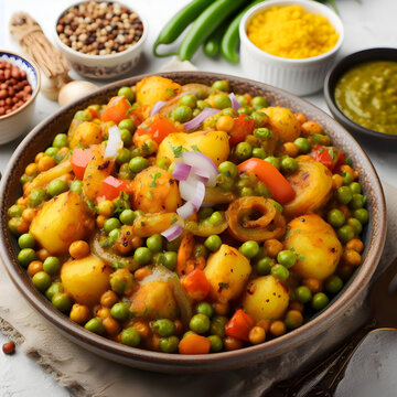 Delicious Plate of Famous Indian Aloo Matar with Curry, Potatoes, Cauliflower, and Green Pees in an Onion Tomato Gravy Coriander Leaves on a White Background. Served in a Karahi Kadhai or Pan or Bowl