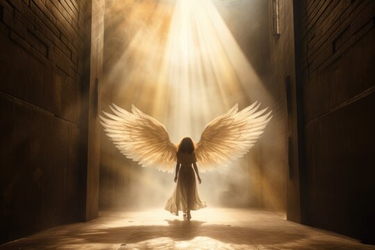 Silhouette of a angelical woman walking towards the light. Life after death concept. God light rays. Misty and foggy. 