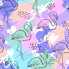 Fototapeta premium Fashion tropics funny wallpapers. Seamless pattern with flamingo on colourful background