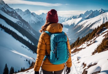 Female backpacker with backpack dressed warm down jacket enjoying snowy mountains landscape while she trekking winter mountain forest route. Active people in the nature concept image.
