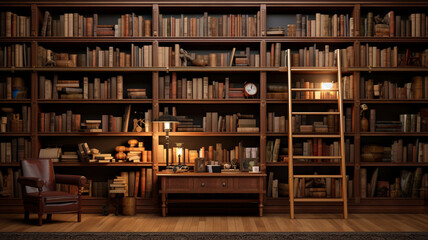 An antique library with high shelving units. Generative AI - obrazy, fototapety, plakaty