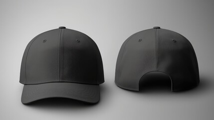 Two caps in different angles on a monochrome background. Mock up, material for mounting and presentation of logos