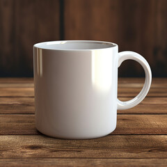 Fotografia de estilo mockup con detalle y textura de taza de ceramica en color blanco sobre superficie de madera