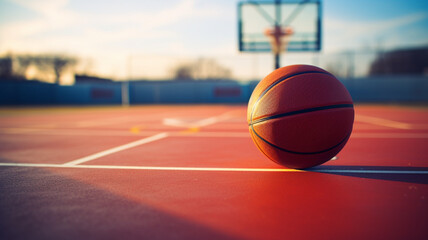 
A vivid basketball is seen up close as it lies on the sunlit sports field, vividly capturing the essence of a bright day. - Powered by Adobe