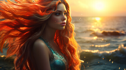 
A mermaid with fiery red hair resting on the sandy shore, her tail elegantly draped beside her as she gazes out to sea.