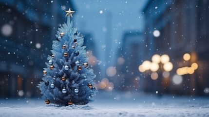 Fototapeta na wymiar A shining christmas tree in the city at night