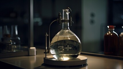  A round flask, filled with a Liquid is shown mounted on a test stand in a Chemistry Laboratory. The image has an immediate feel of Science, Research and Experimentation.  - obrazy, fototapety, plakaty