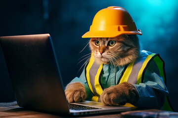Handsome cat engineer construction worker sitting at the desk and using notebook for work - obrazy, fototapety, plakaty