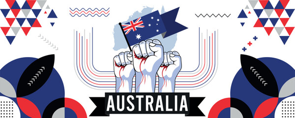Australia national or independence day banner design for country celebration. Flag and map of Australia with raised fists. Modern retro design with abstract geometric icons. Vector illustration.