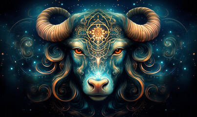 Astrological Sign of Taurus, mask of the zodiac, bull with a blue light on its horns, taurus sing in horoscope, animal panorama.